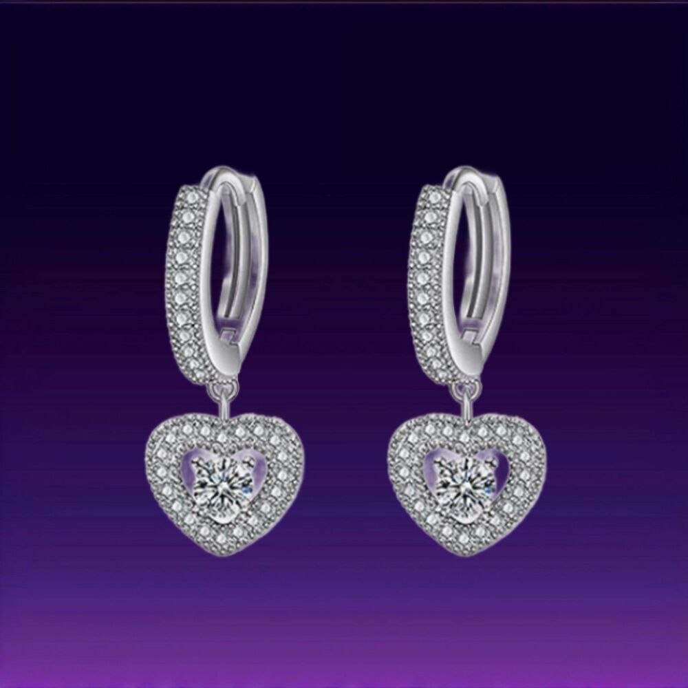 925 Sterling Silver CZ Heart Dangle Hoop Earrings